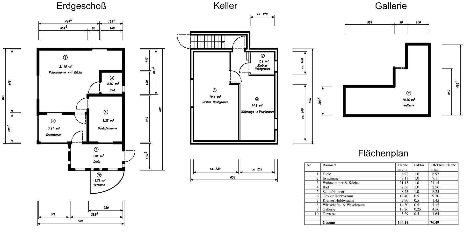 Detaillierter Flächenplan des Erdgeschosses, Kellers und der Galerie mit allen Maßen.
