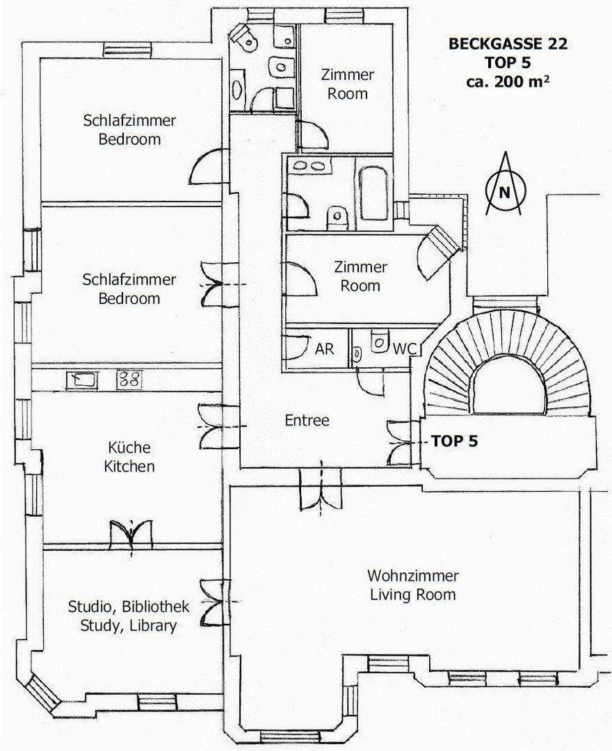 Detaillierter Grundriss der Wohnung "TOP 5" mit ca. 200 m² Wohnfläche.
