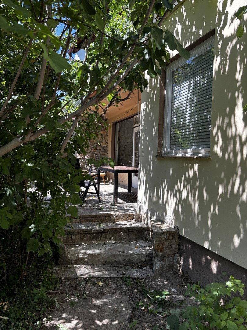 Gemütliche Terrasse umgeben von viel Grün und natürlicher Beschattung.