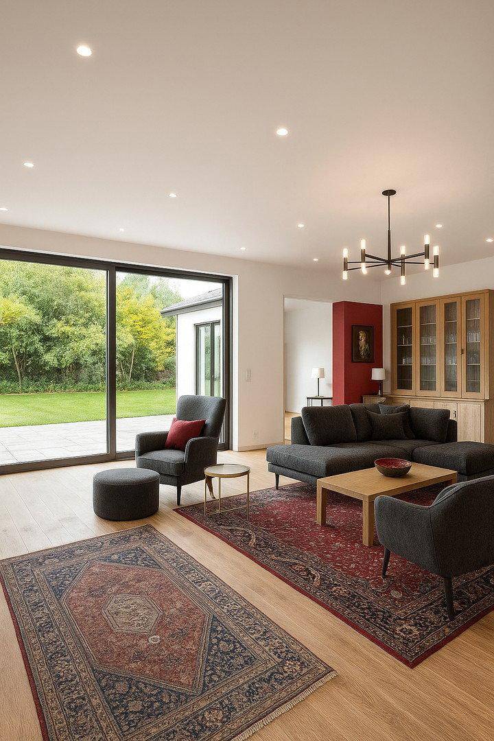 Modernes Wohnzimmer mit Holzboden, großen Glasfronten und Zugang zum Garten.