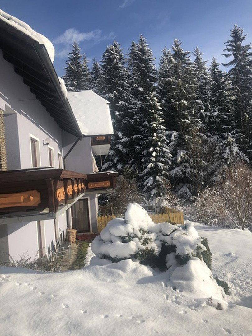 Seitenansicht des Gebäudes in einer tief verschneiten Umgebung, umgeben von hohen Nadelbäumen.