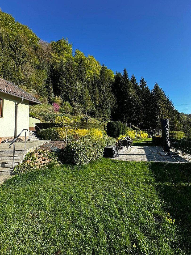 Große gepflasterte Terrasse mit Sitzgelegenheiten und angrenzendem Rasenbereich, umgeben von Hecken.