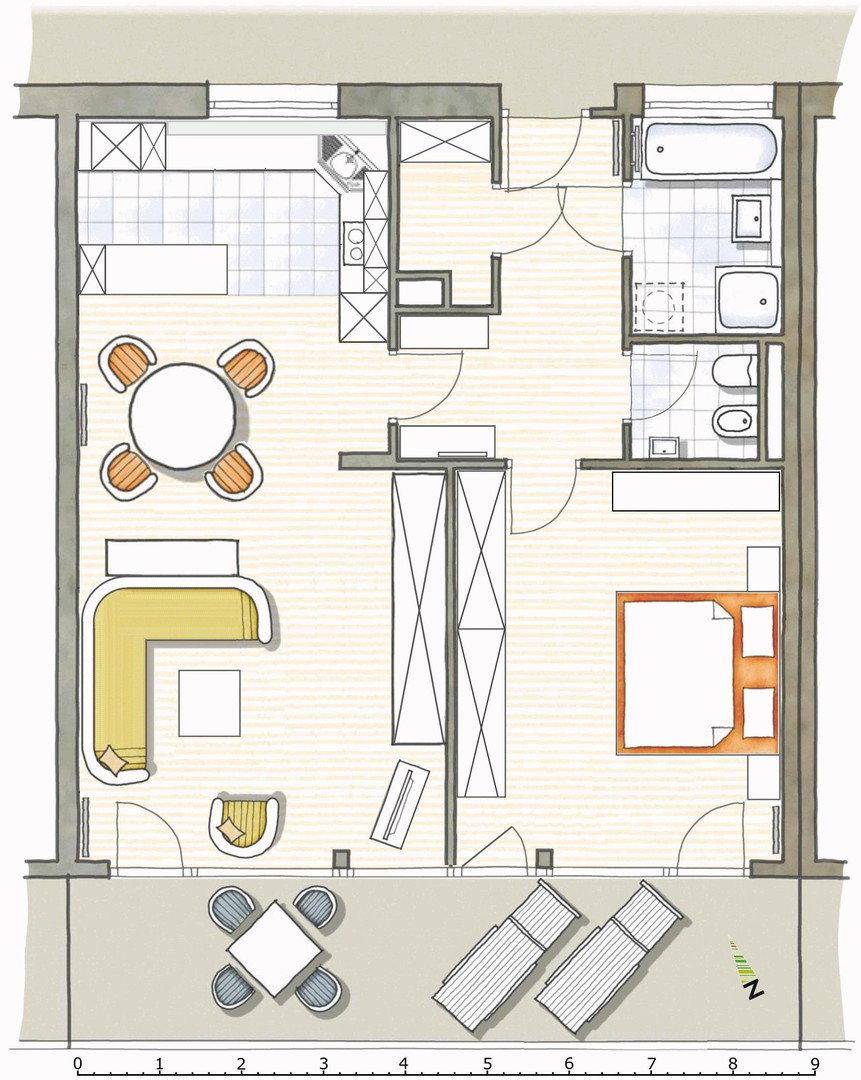 Farbiger Grundriss einer Wohnung mit Wohnbereich, Küche, Schlafzimmer und Balkon.
