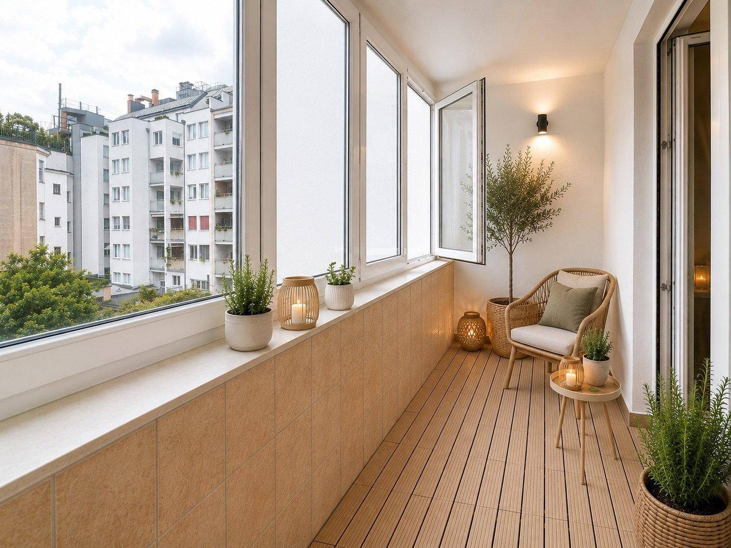 Gemütlicher Balkon mit Holzdeck, Pflanzen und Sitzgelegenheiten, bietet einen Stadtblick.