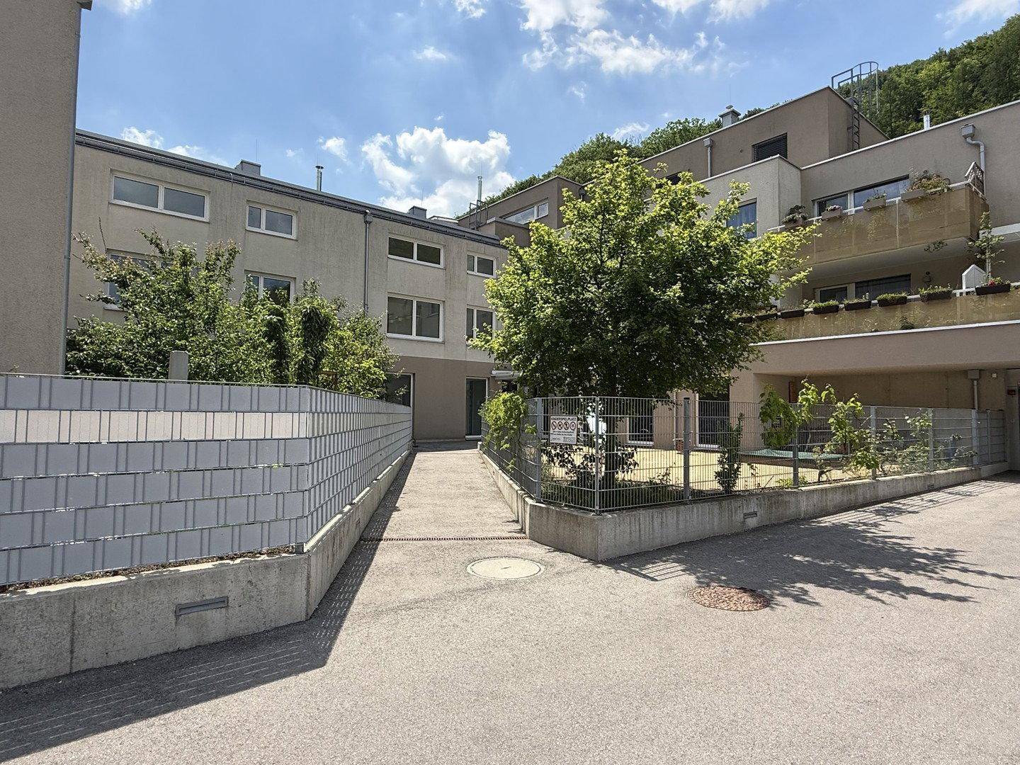 Eingangsbereich einer modernen Wohnanlage mit gepflastertem Weg und grünen Bäumen unter blauem Himmel.