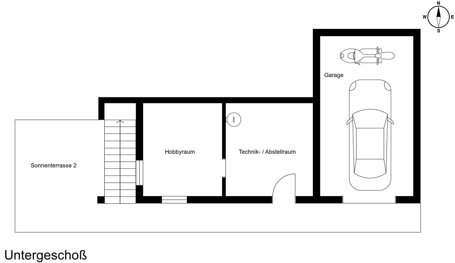 Grundriss des Untergeschosses mit Hobbyraum, Technikraum und Garage.