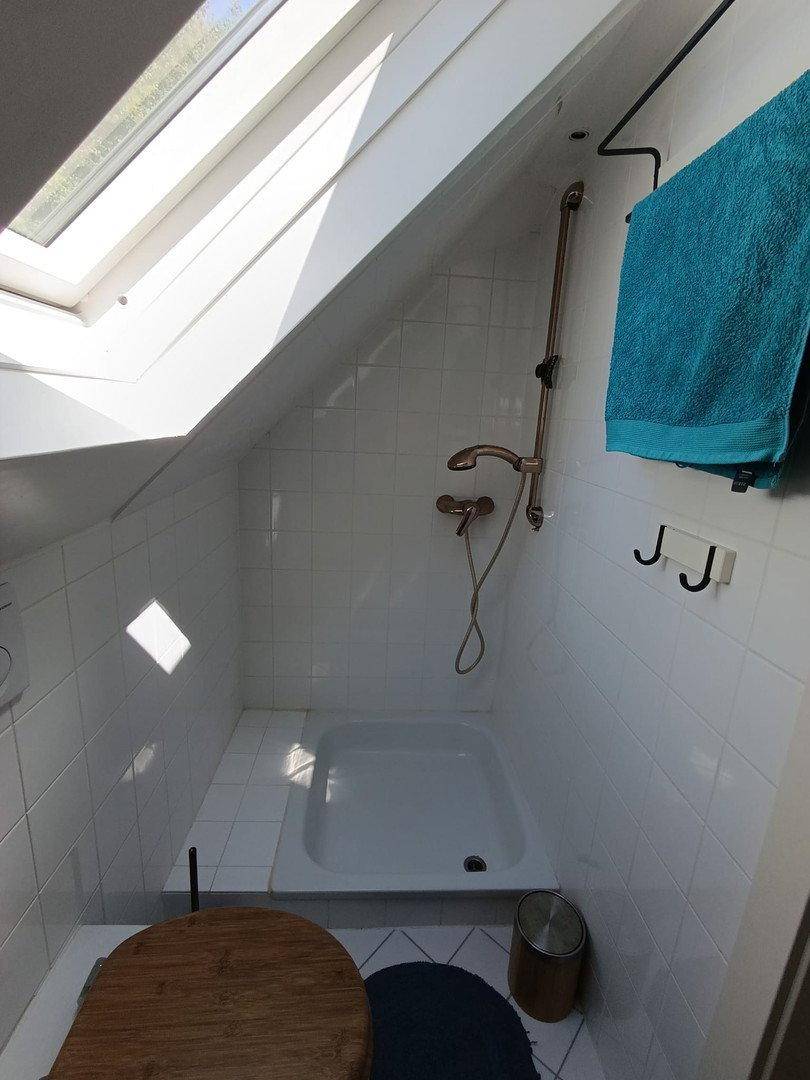 Duschbereich im Badezimmer mit weißen Fliesen, Dachfenster und Handtuchhalter.