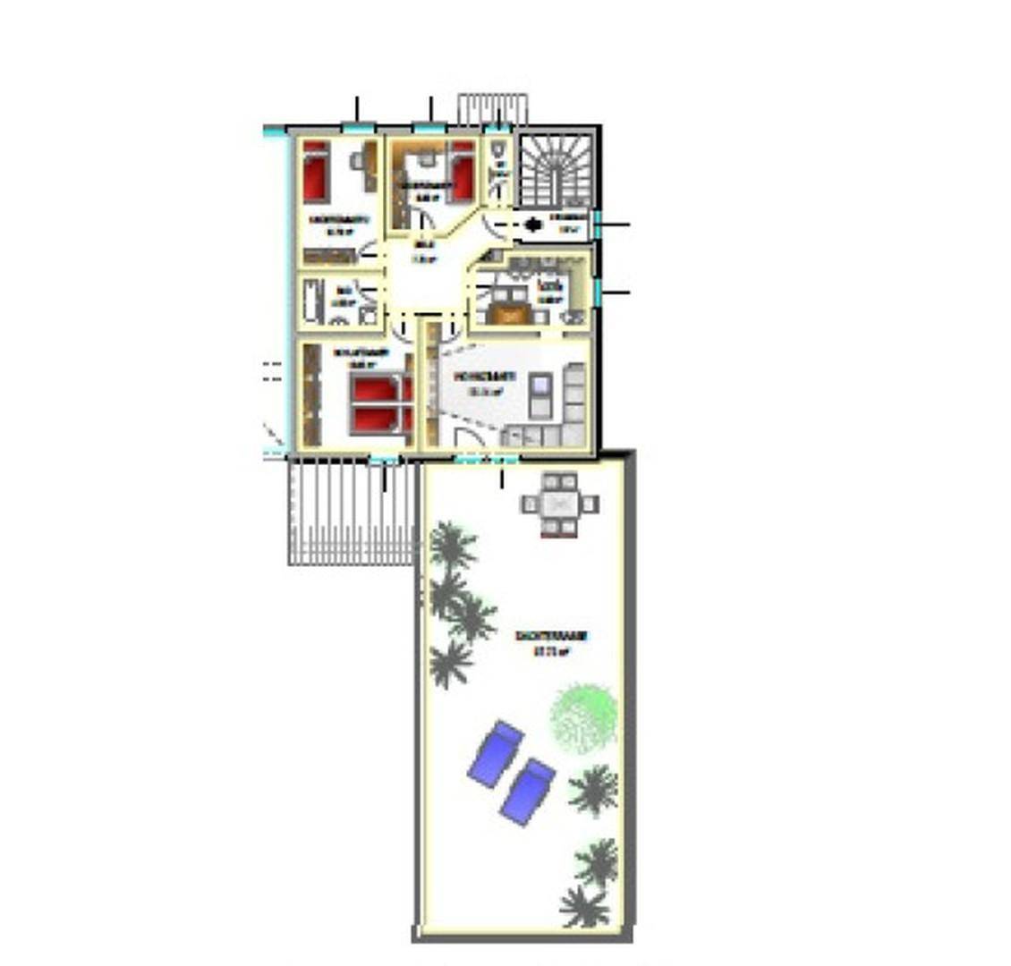 Grundriss einer Wohnung mit Schlafzimmern, Bädern und einer großen Außenterrasse mit Liegestühlen.