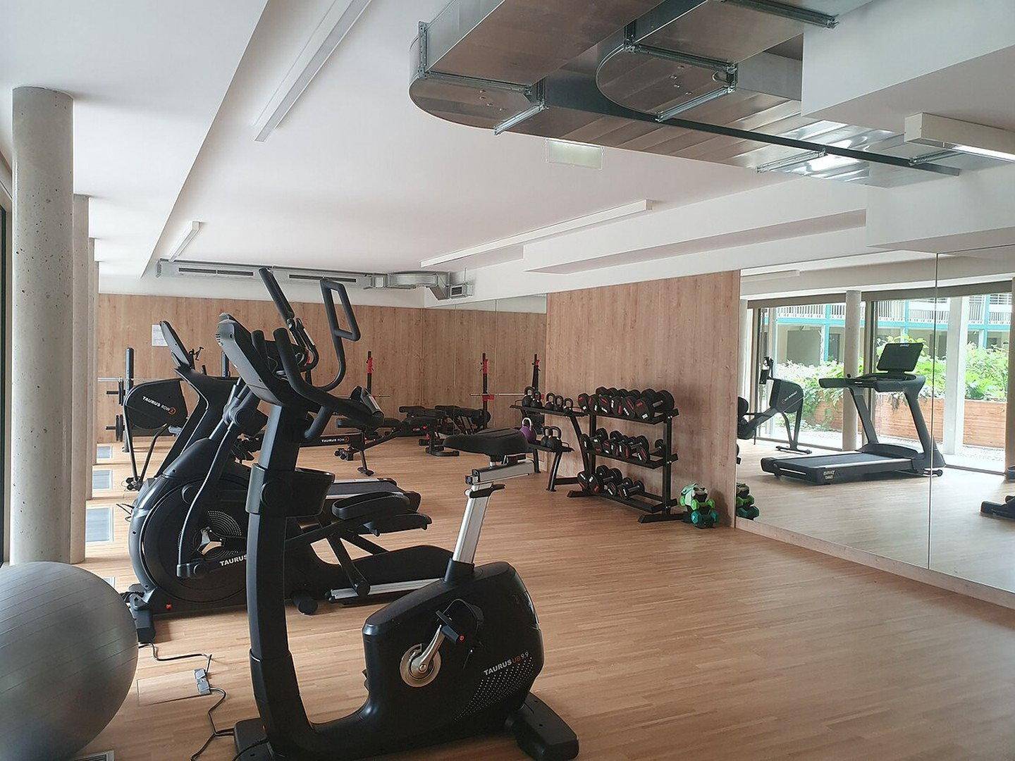 Moderner Fitnessraum mit verschiedenen Trainingsgeräten, Holzfußboden und Spiegelwänden.