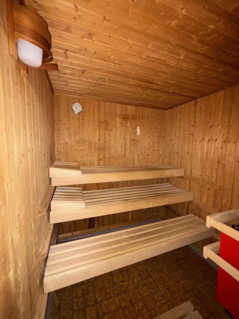 Innenansicht der Holzsauna mit mehreren Bänken und Saunaofen für Entspannung.