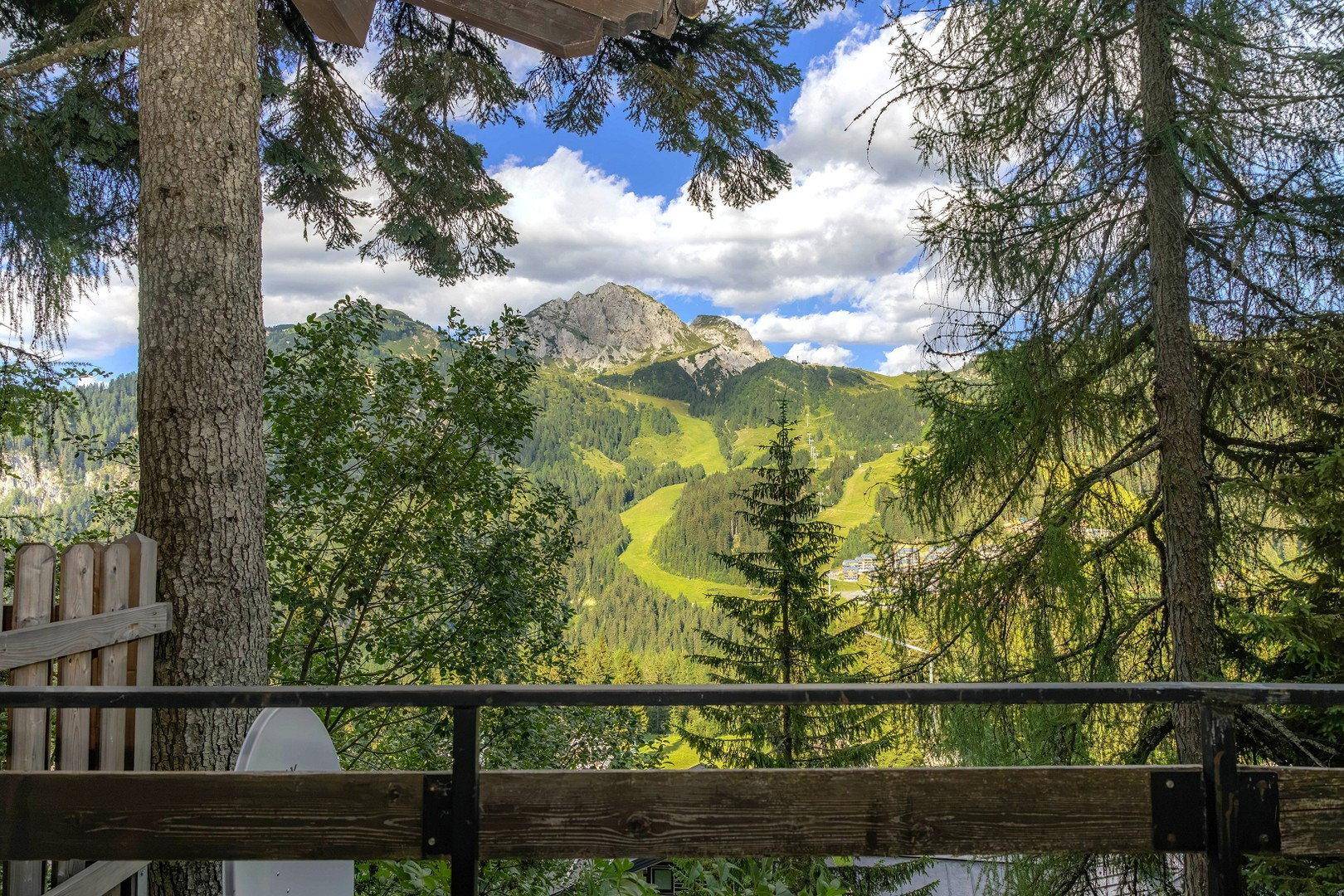 Blick von einem Balkon auf eine weite Berglandschaft mit Wäldern und Skipisten.