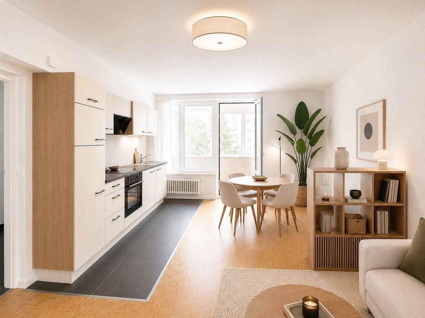 Modern eingerichteter offener Wohn-Essbereich mit integrierter Küche und Zugang zum Balkon.
