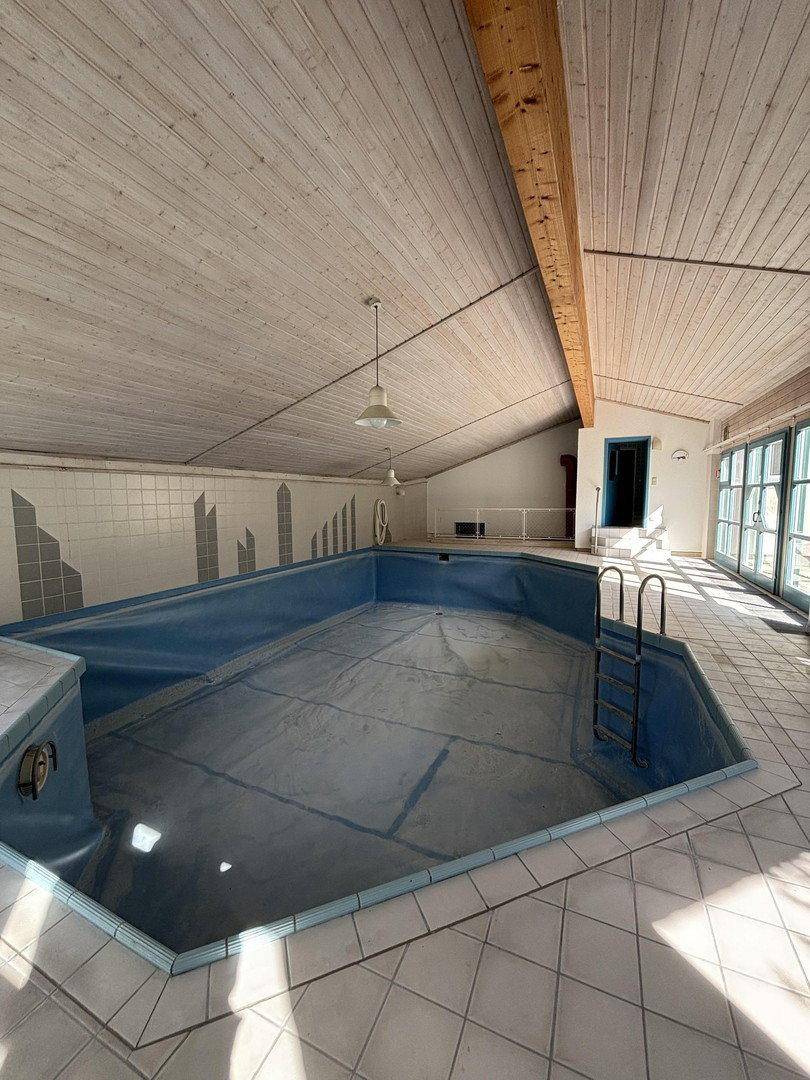 Geräumiger Innenpool mit Leiter, Holzdecke und großen Fenstern zum Garten.