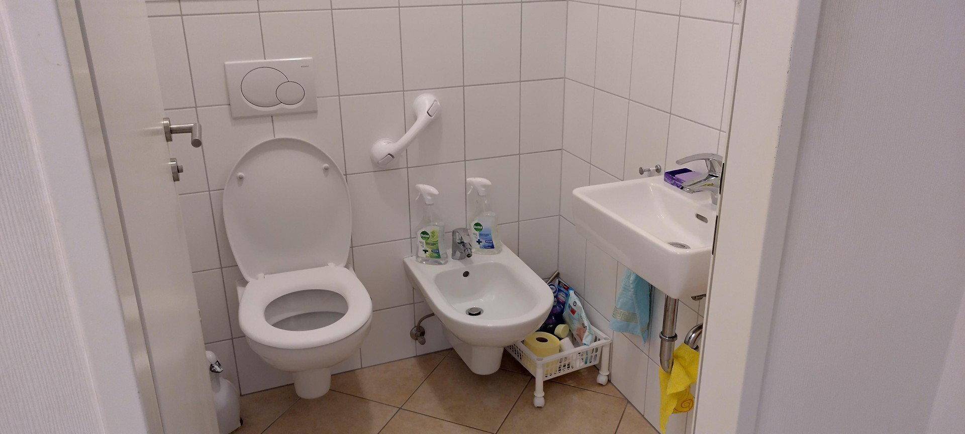 Separates WC mit Toilette, Bidet, kleinem Waschbecken und Haltegriff.