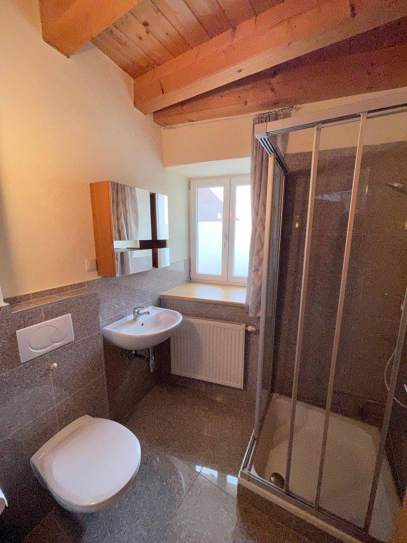 Modernes Badezimmer mit grauen Fliesen, Dusche, WC und einem Fenster für Tageslicht.