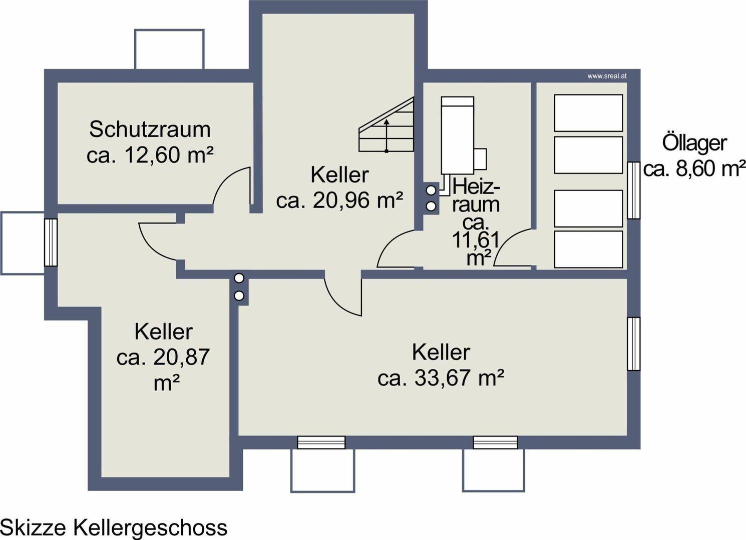 Grundriss des Kellergeschosses mit mehreren Kellerräumen, Schutzraum und Heizraum.