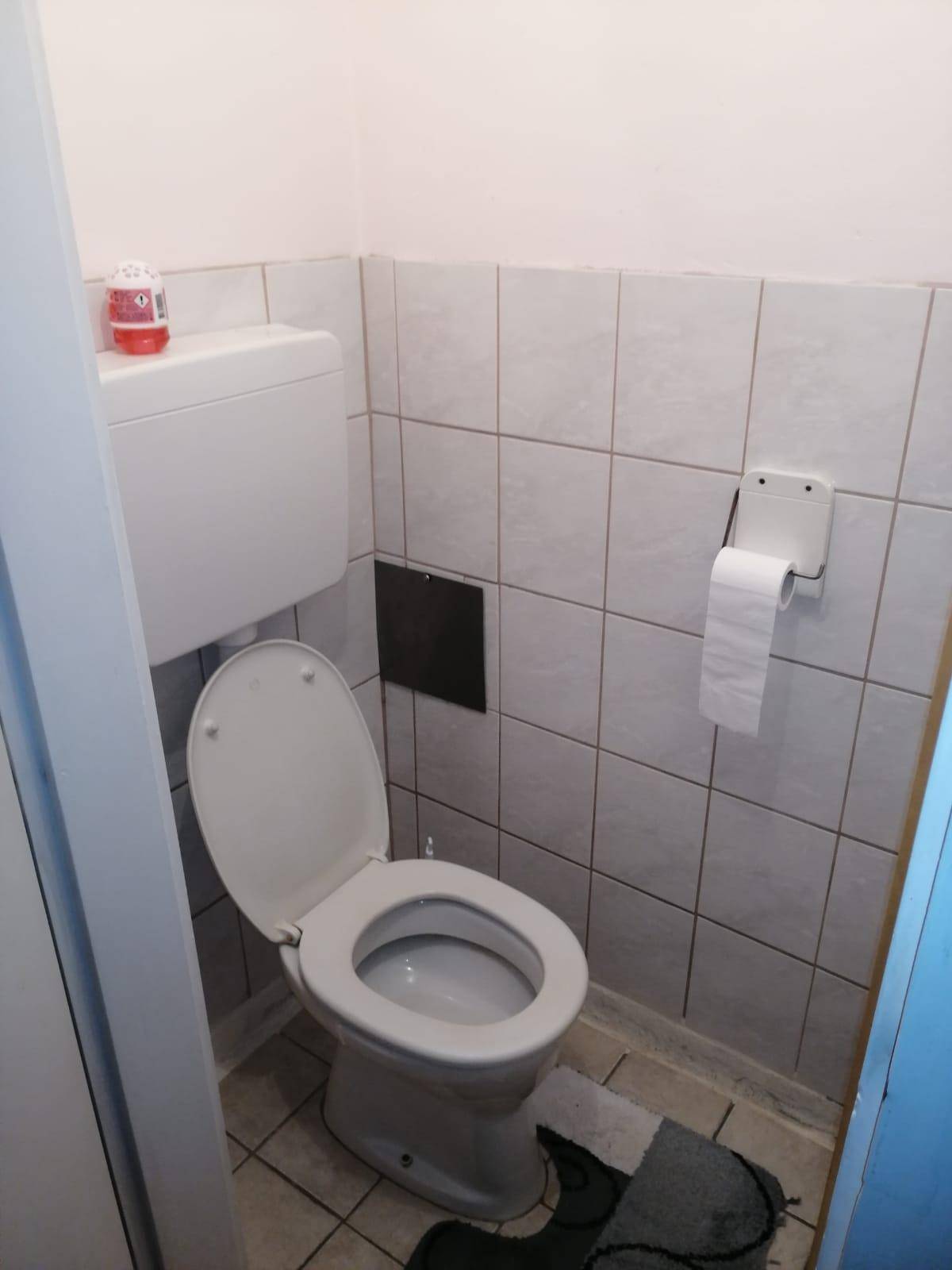 Kleines WC mit weißer Toilette und hellen Wandfliesen.
