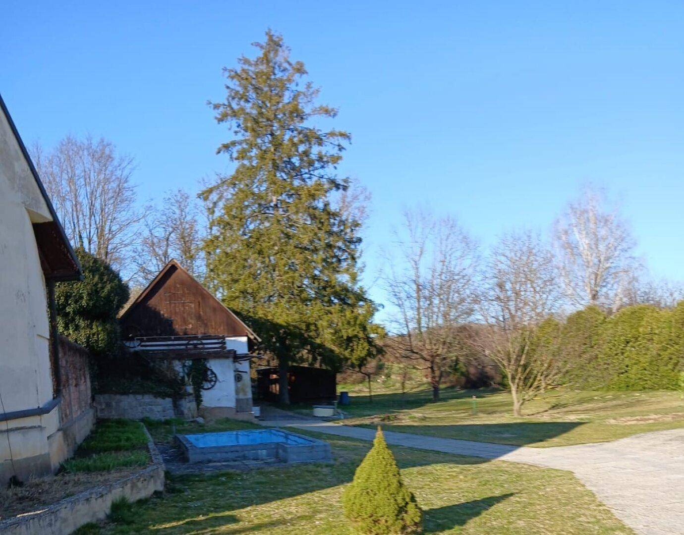 Großer Gartenbereich mit altem Nebengebäude, Bäumen und einem kleinen Wasserbecken.