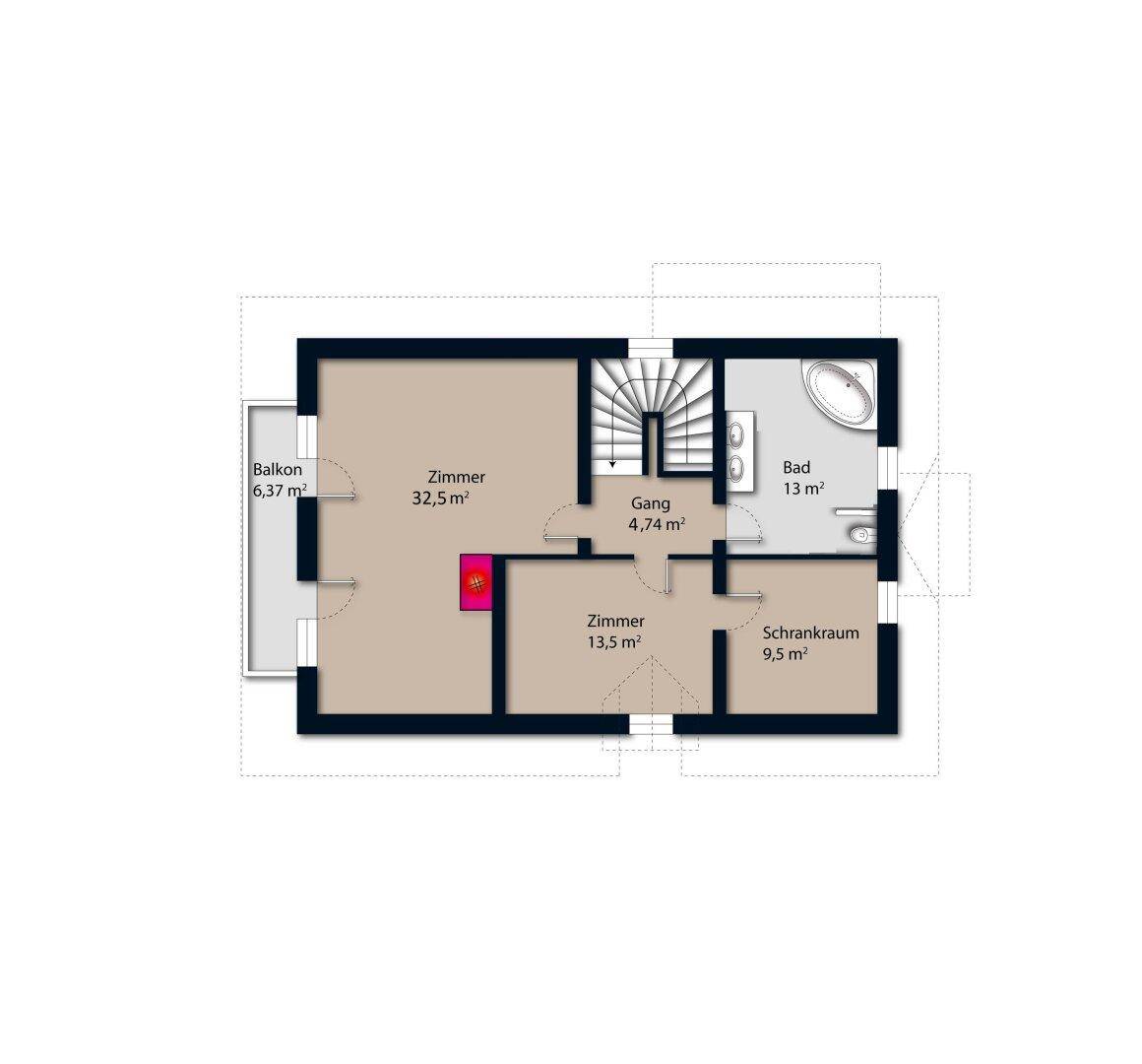 Grundriss des Obergeschosses mit zwei Zimmern, einem Bad, Schrankraum und Balkon.
