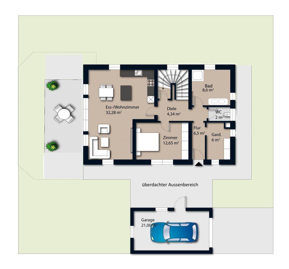 Detaillierter Grundriss des Erdgeschosses mit Wohnbereich, Küche und Garage.