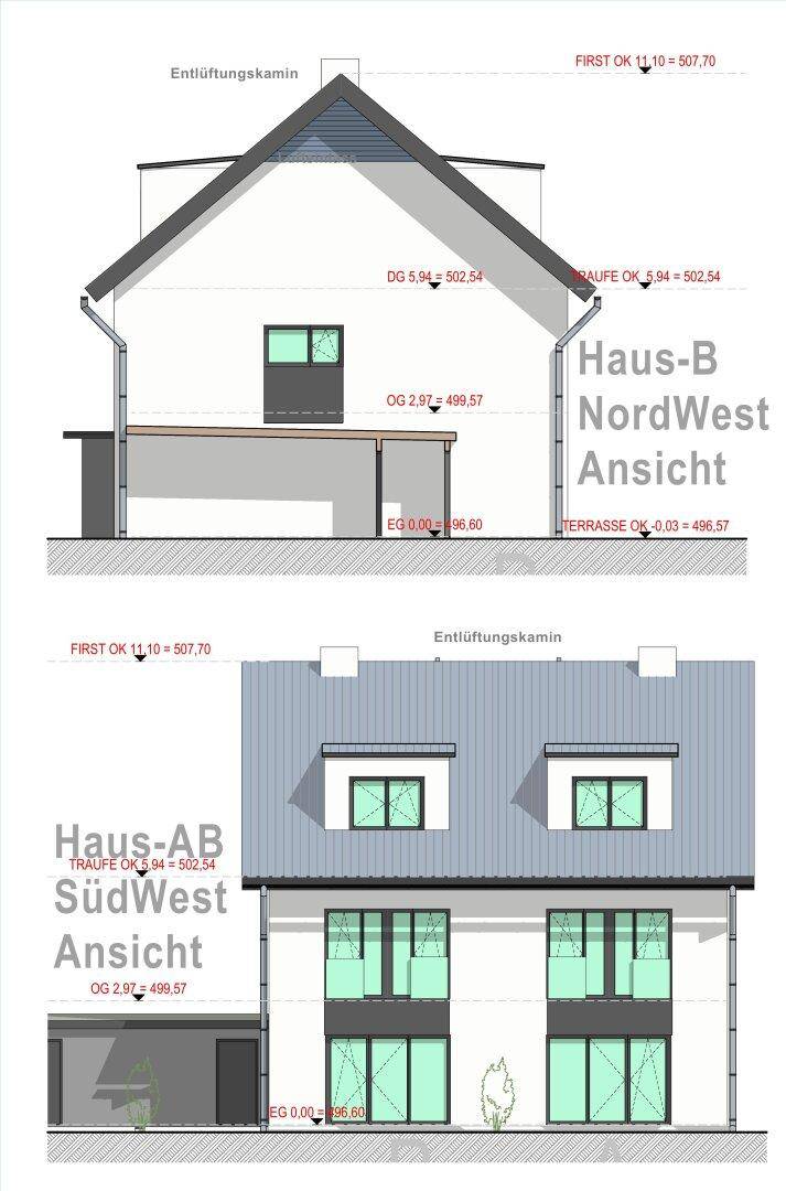 Ansichten des Hauses von Nordwest und Südwest mit großen Fenstern und Dachgauben.