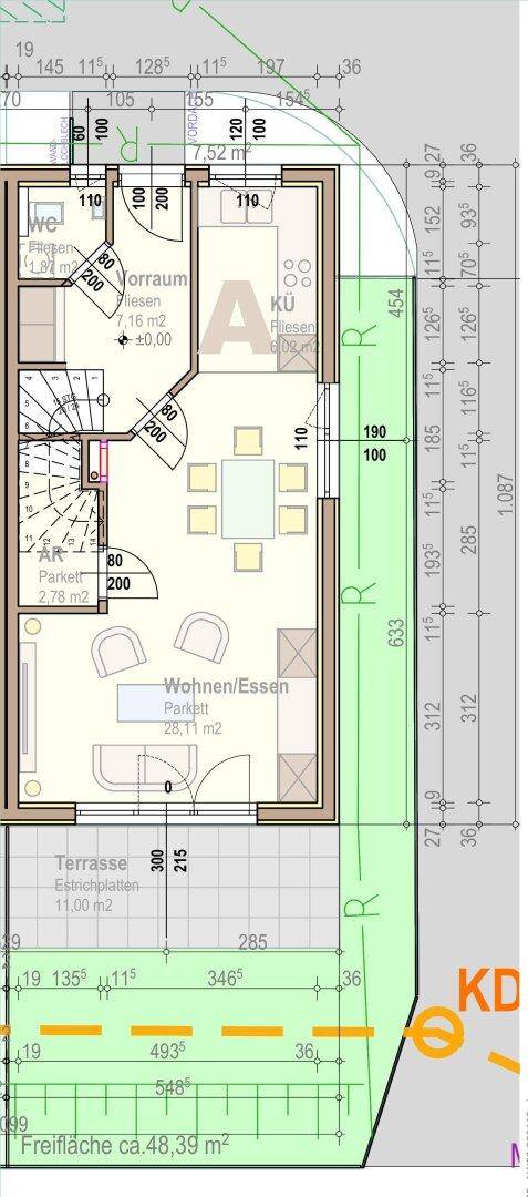 Grundriss des Erdgeschosses mit offenem Wohn-Essbereich, Küche und Zugang zur Terrasse.