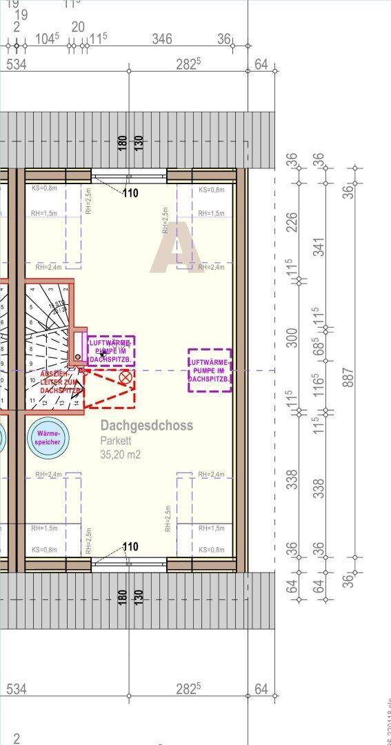 Grundriss des Dachgeschosses mit Dachschrägen und zusätzlichem Raum.