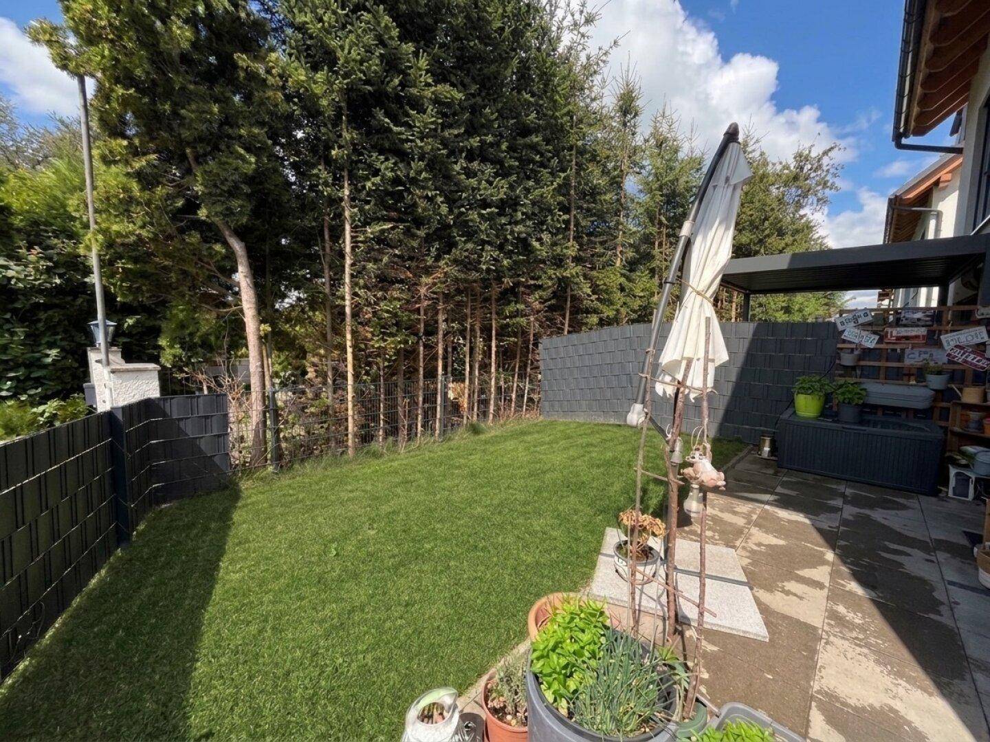 Gepflegter Garten mit Rasenfläche, angrenzender Terrasse und hohen Bäumen im Hintergrund.