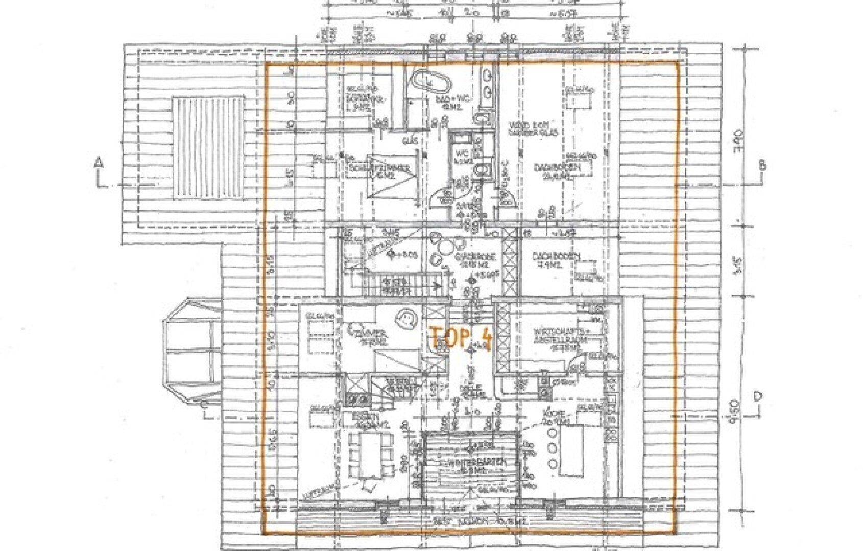 Detaillierter Grundriss des Dachgeschosses mit Schlafzimmer, Bad und Wohnbereich.
