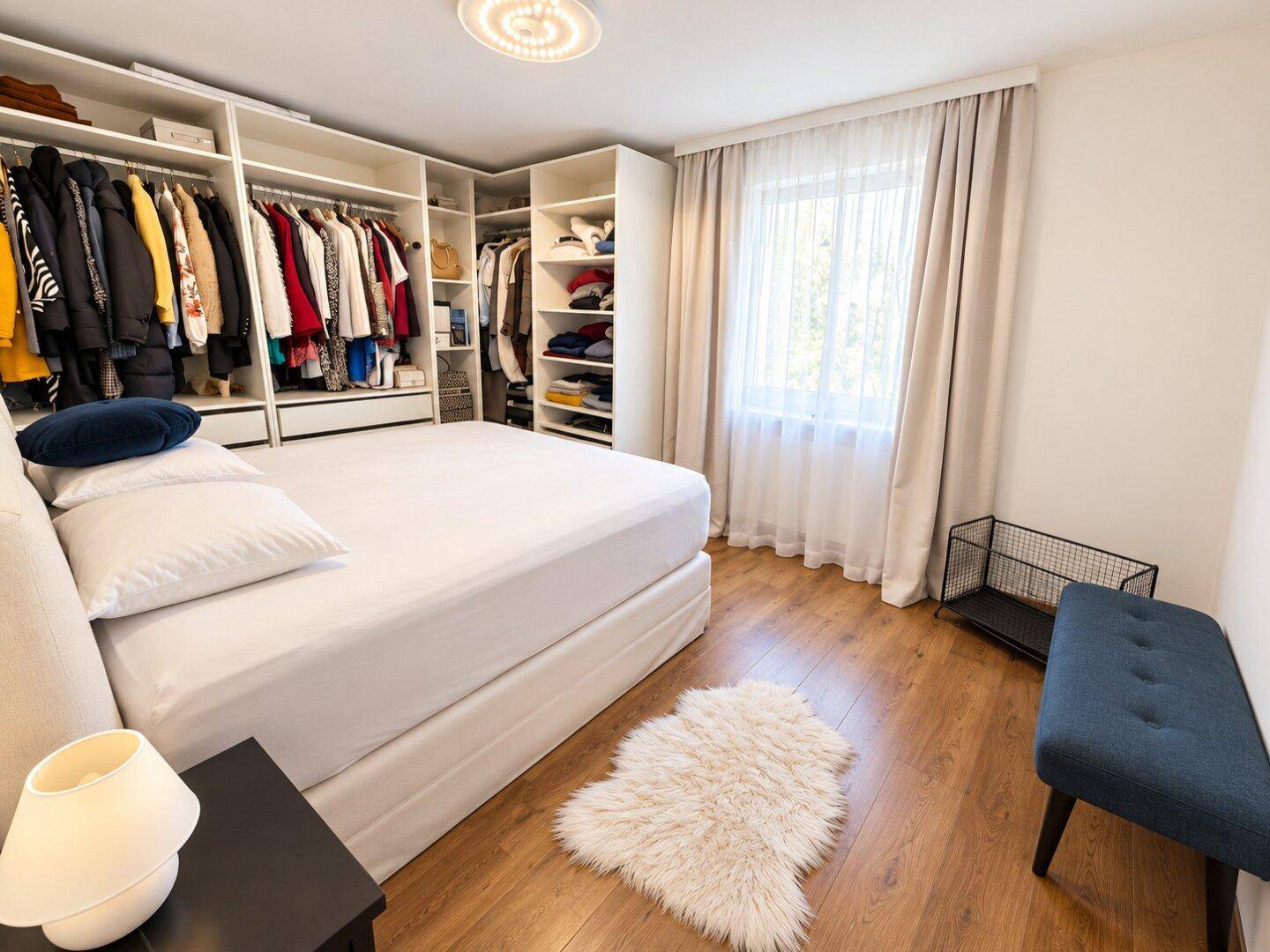 Schlafzimmer mit großem Bett, offenem Kleiderschrank und Holzboden.