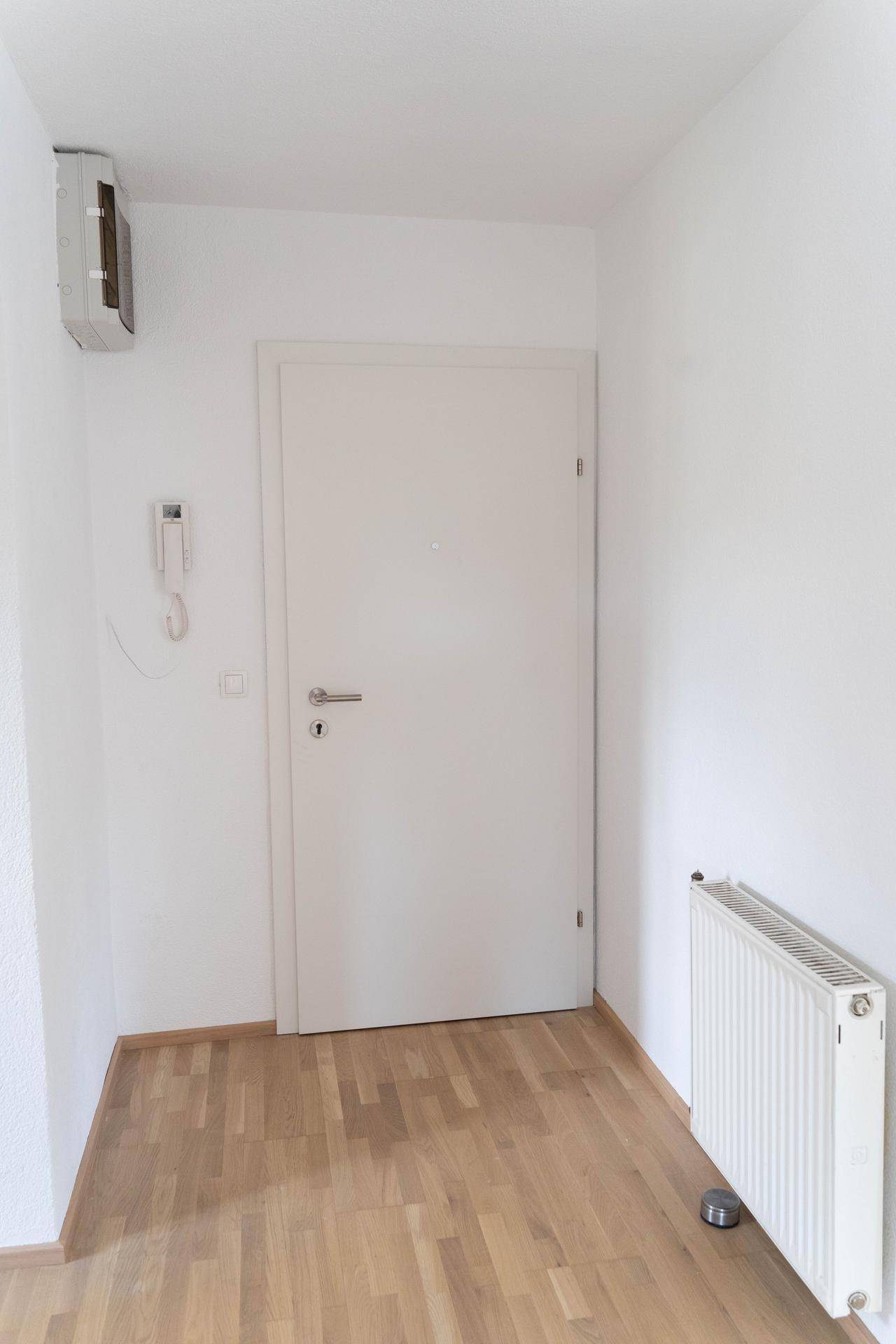 Eingangsbereich mit weißer Wohnungstür, Gegensprechanlage und hellem Parkettboden.