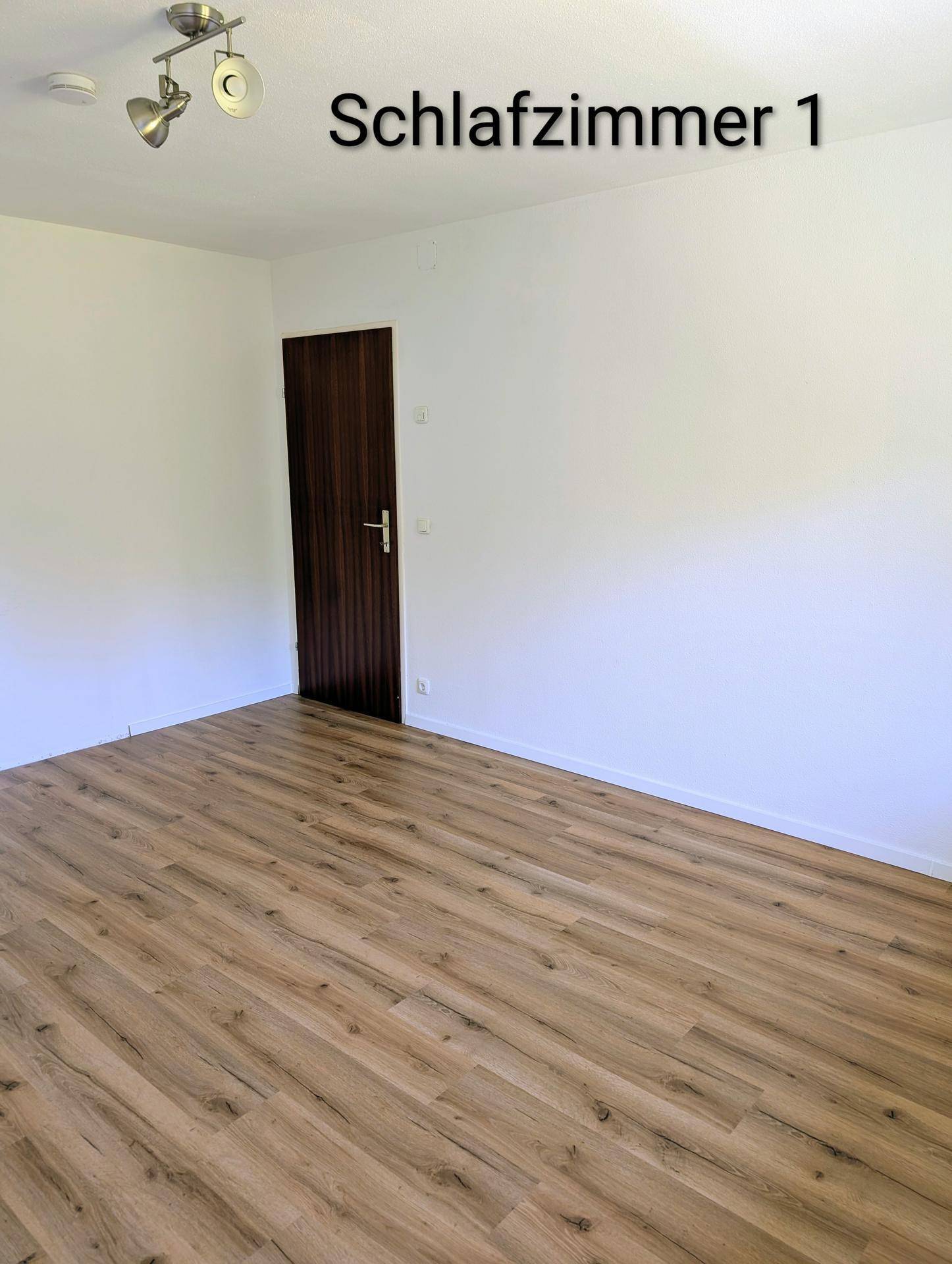 Schlafzimmer mit Laminatboden und einer dunklen Holztür, bereit zur individuellen Gestaltung des Raumes.
