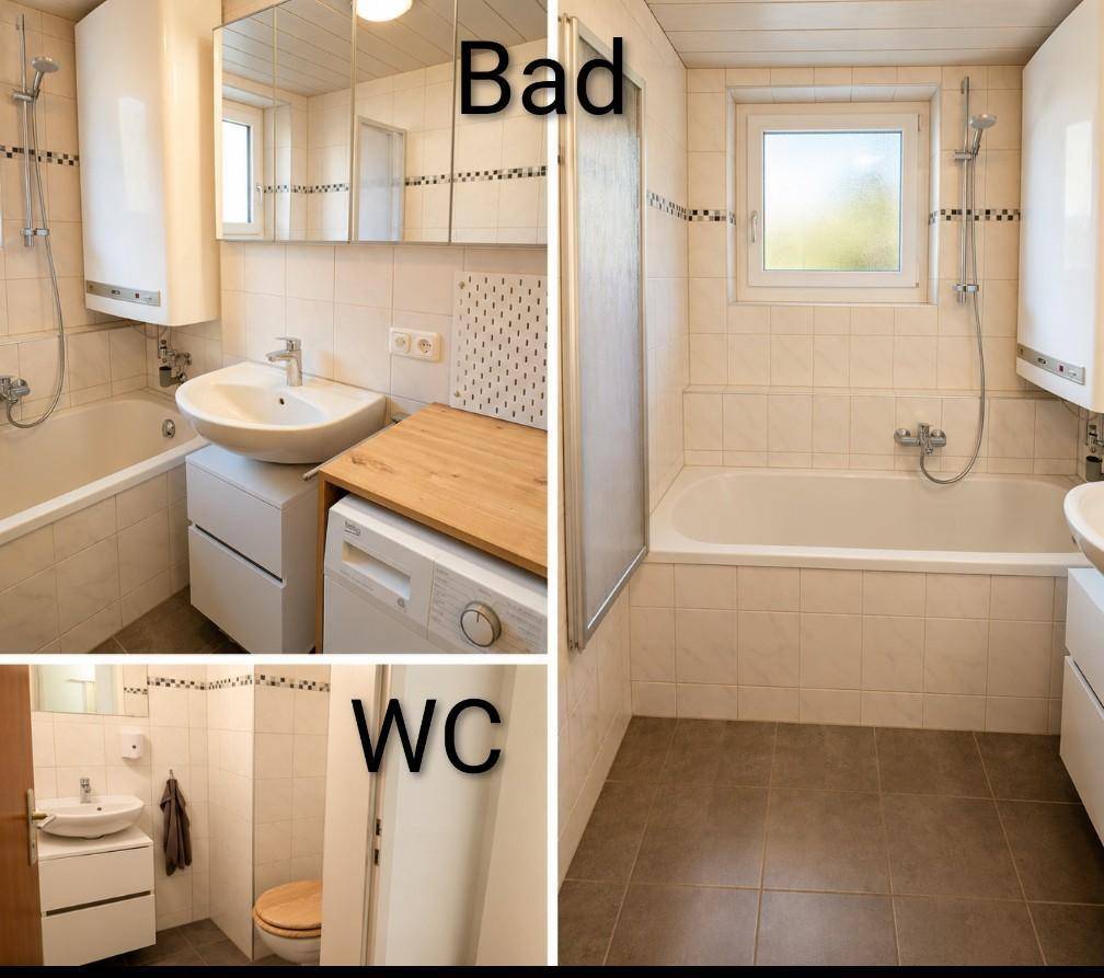 Funktionales Badezimmer mit Badewanne und separatem WC, beide mit hellen Fliesen ausgestattet.