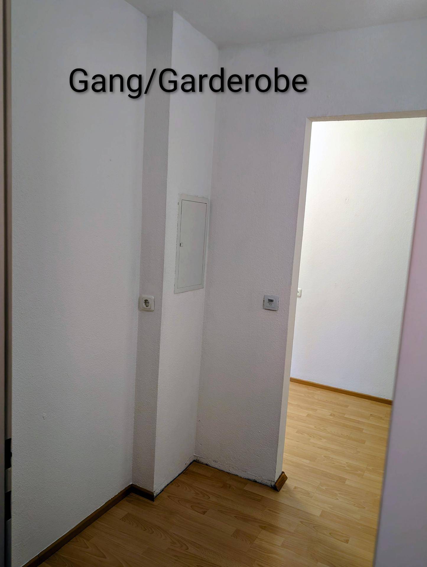 Heller Gangbereich mit Laminatboden, ideal für eine Garderobe oder zusätzlichen Stauraum im Eingangsbereich.