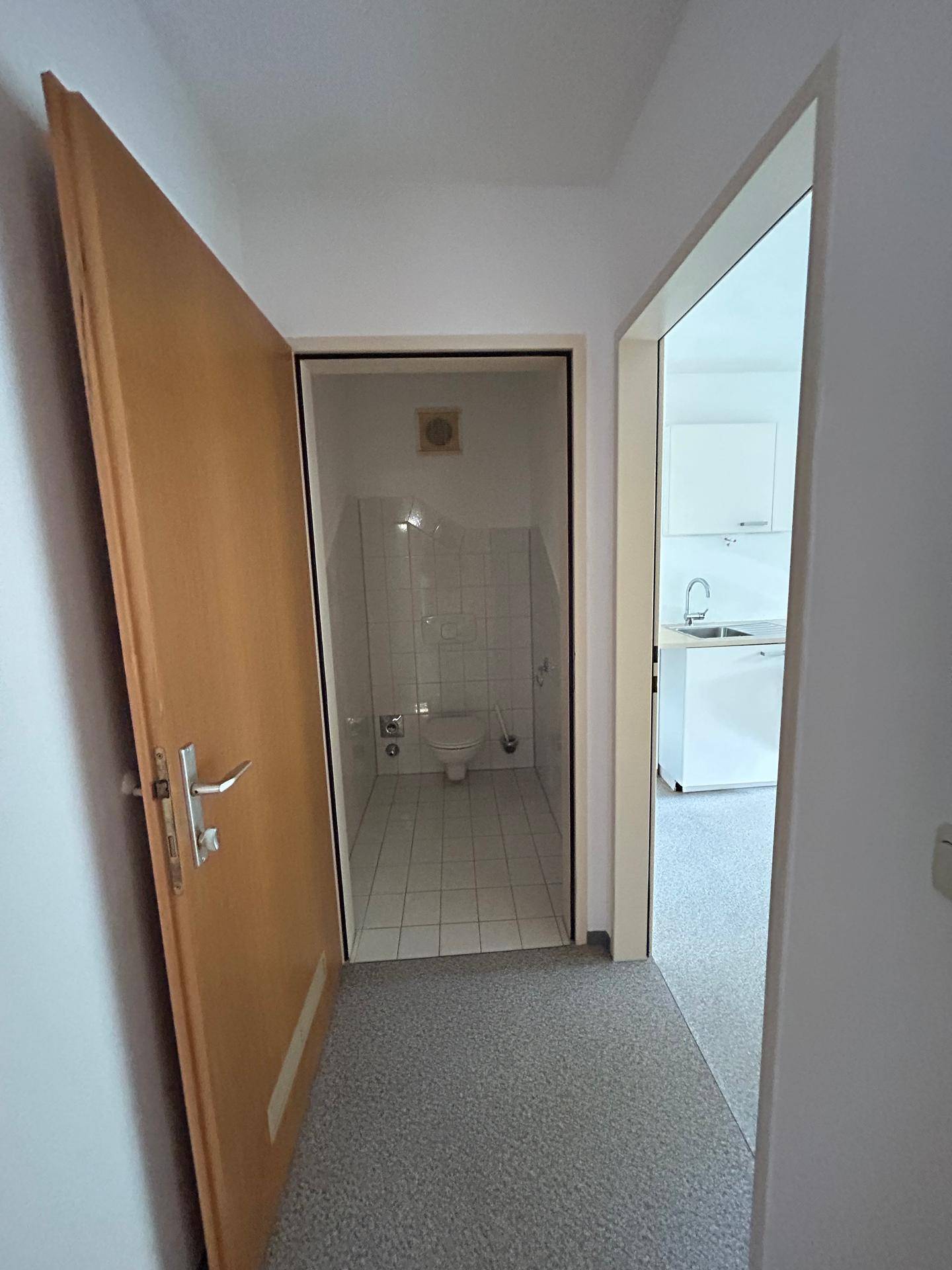 Flur mit Zugang zu einem separaten WC und einer Küche, ausgestattet mit Vinylboden.