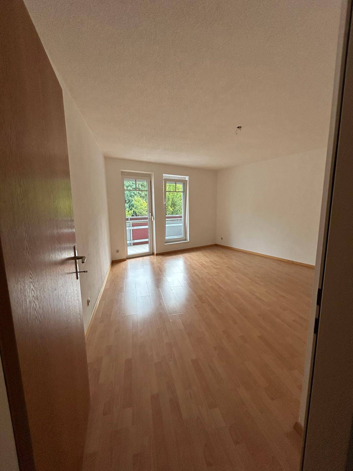 Großes, helles Zimmer mit Laminatboden und Fenstern, die den Raum mit Licht füllen.