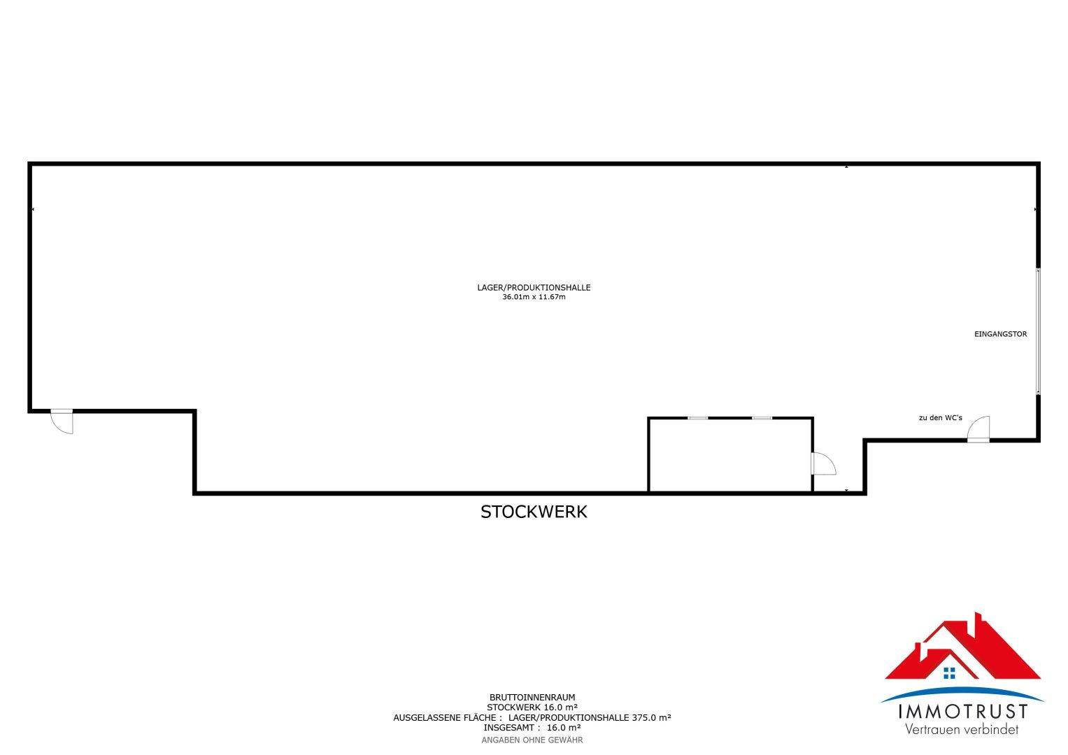 Grundriss einer Lager- und Produktionshalle mit einem Eingangstor und einem separaten WC-Bereich.