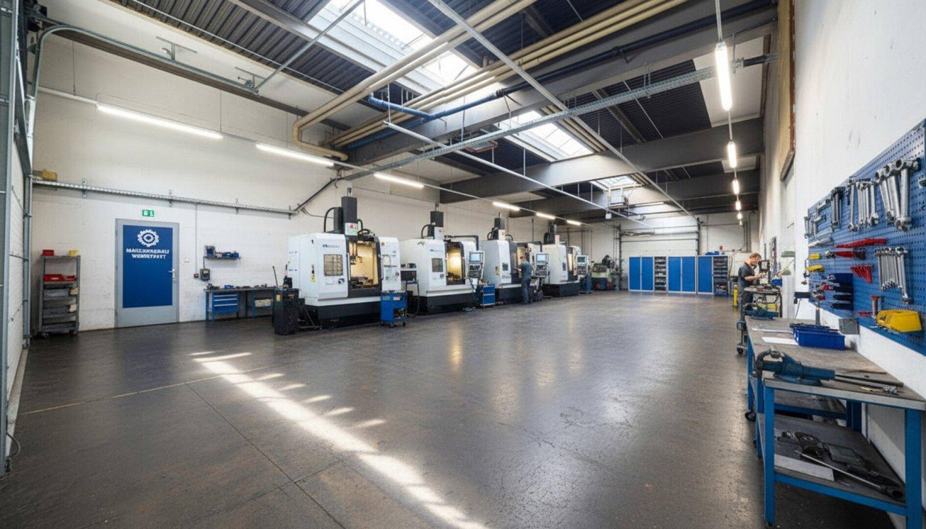 Moderne Werkstatt mit mehreren CNC-Maschinen, Werkbänken und organisiertem Werkzeuglager unter hohen Decken.