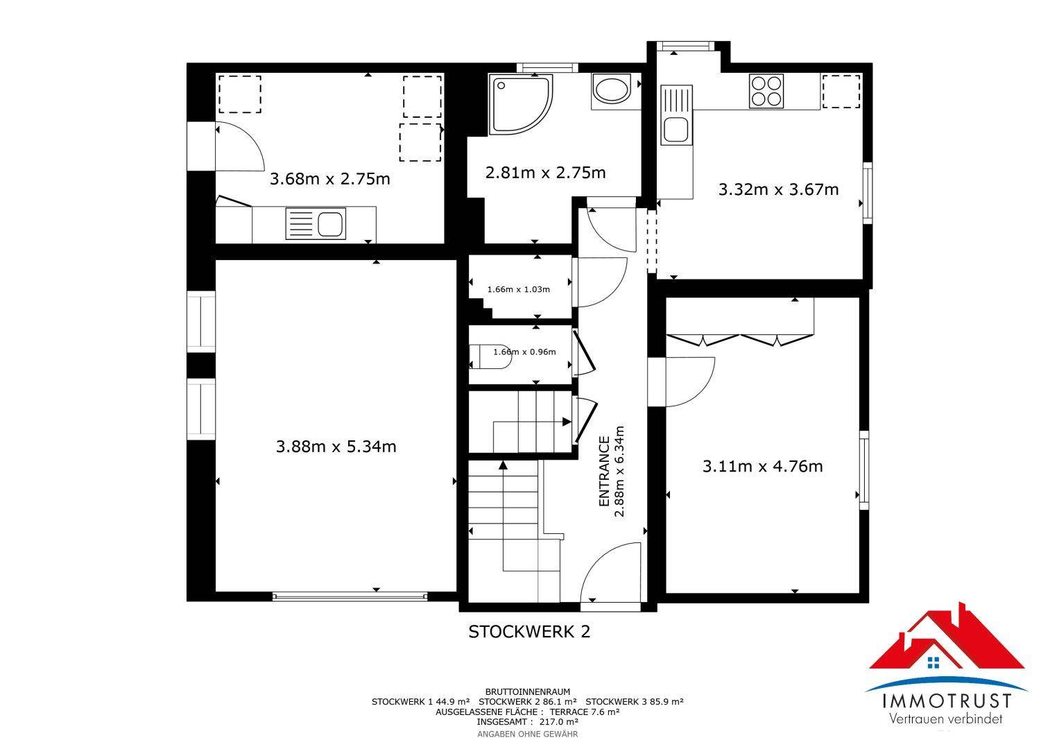 Grundriss von Stockwerk 2 mit Eingangsbereich, Badezimmer und Küche.