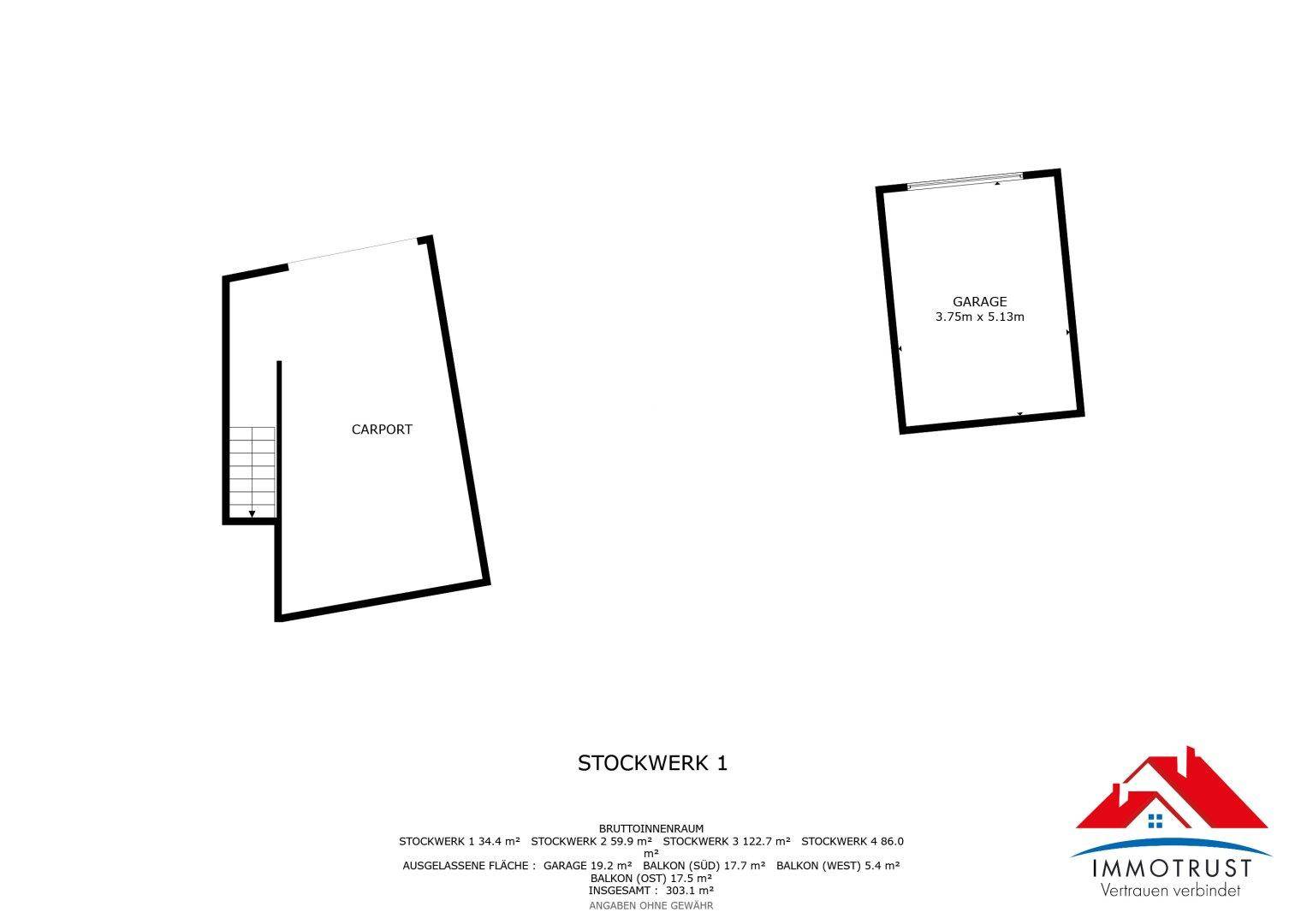 Grundriss des ersten Stockwerks mit Carport und separater Garage für Fahrzeuge.