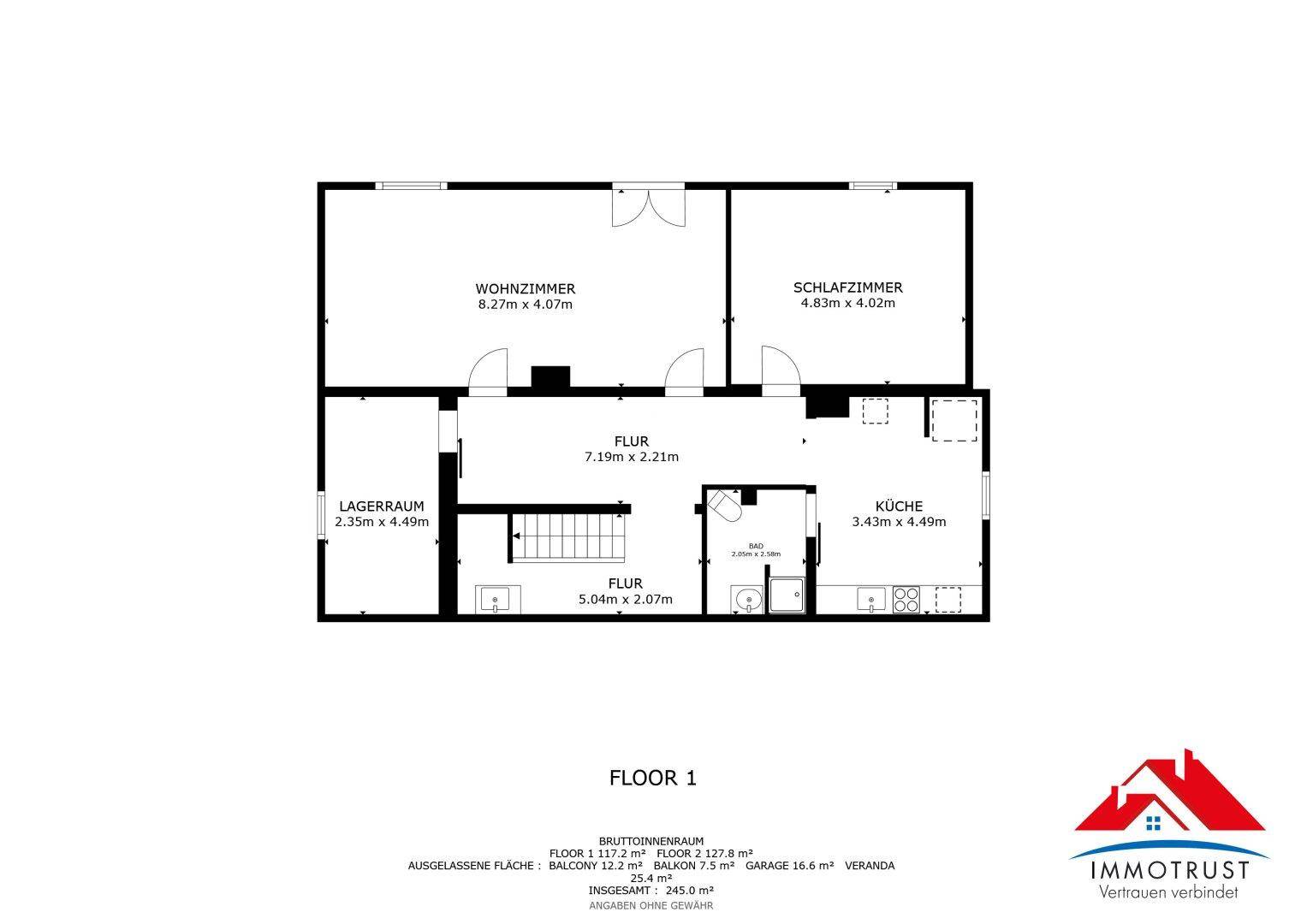 Grundriss des ersten Stocks mit Wohnzimmer, Schlafzimmer, Küche und Lagerraum.