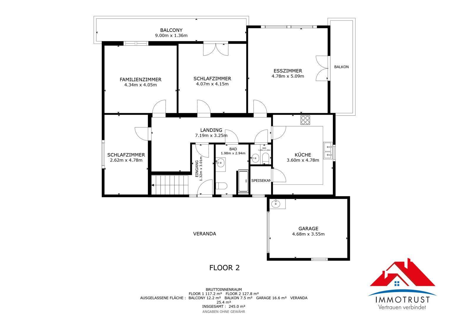 Grundriss des zweiten Stocks mit Familienzimmer, Schlafzimmern, Esszimmer und Balkon.