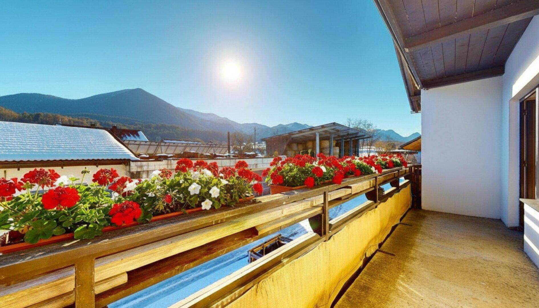 Sonniger Balkon mit roten Blumenkästen und einem weiten Blick auf die verschneite Berglandschaft.