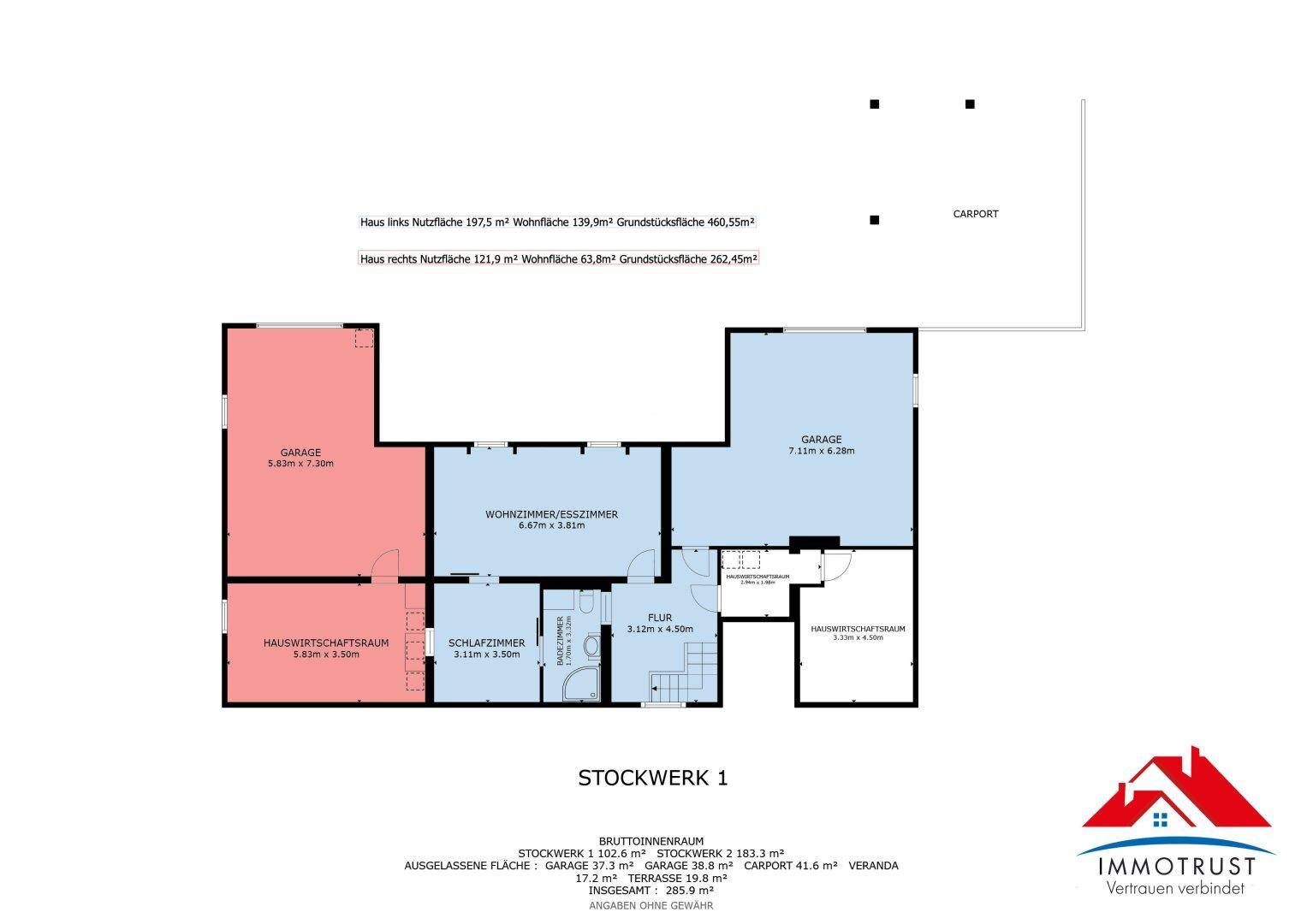 Grundriss des ersten Stockwerks mit Garage, Hauswirtschaftsraum und Schlafzimmer.