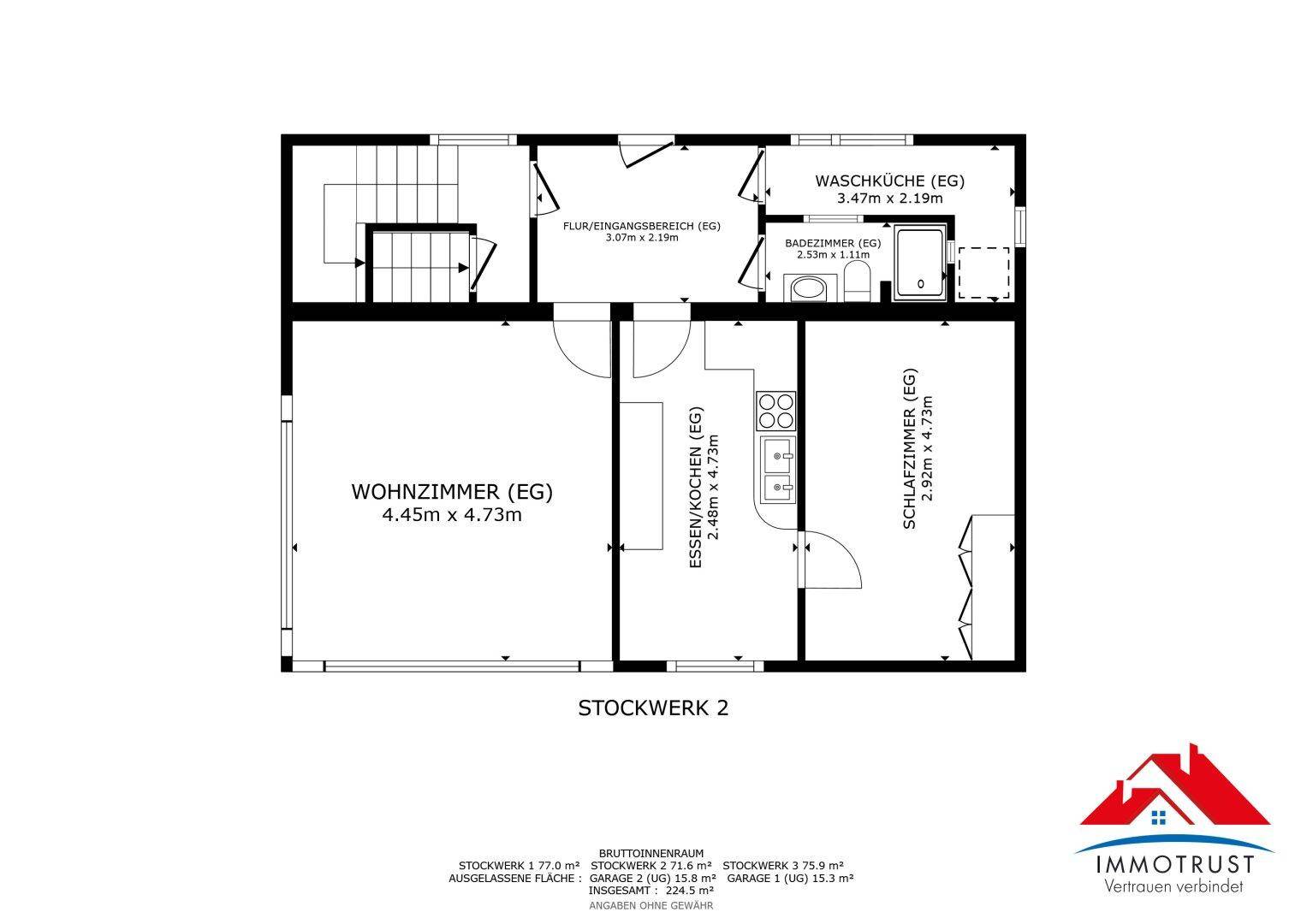 Grundriss des Erdgeschosses mit Wohnzimmer, Küche, Schlafzimmer, Bad und Waschküche.