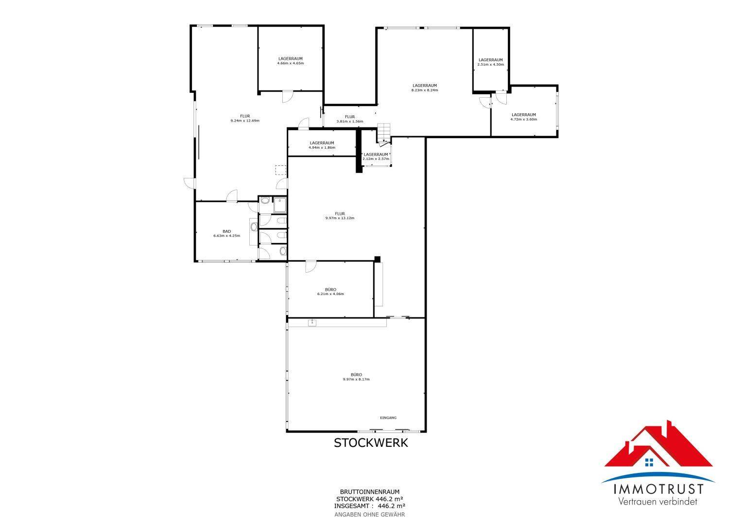 Grundriss des Stockwerks mit Lager-, Büro- und Sanitärräumen, Gesamtfläche 446,2 m².