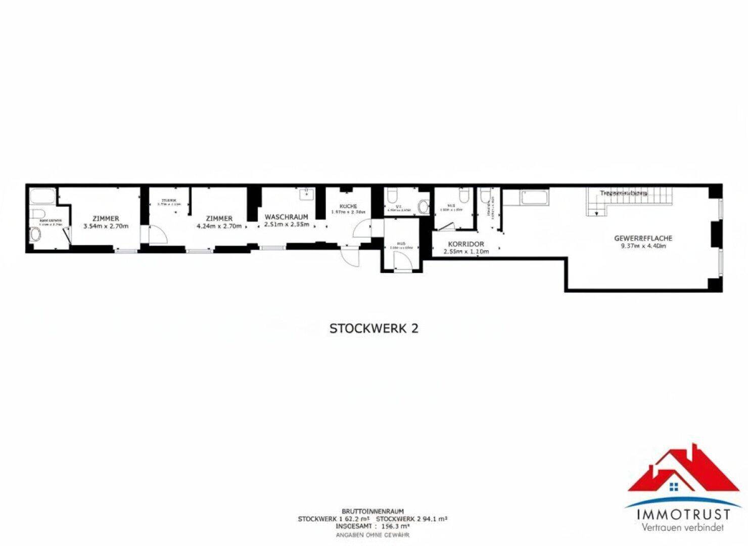 Grundriss des zweiten Stockwerks mit mehreren Zimmern, Waschraum und Korridor.
