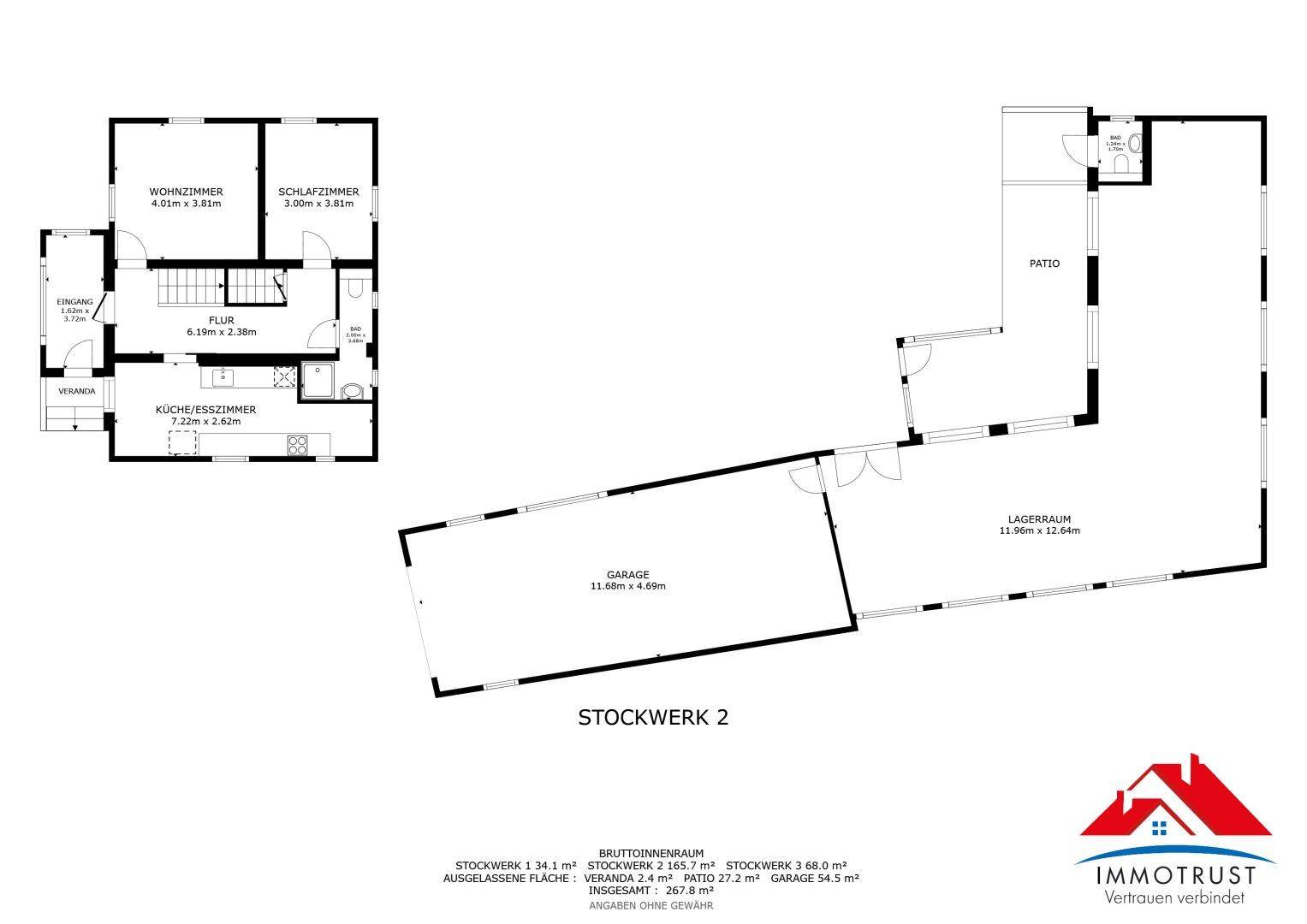 Grundriss des zweiten Stockwerks mit Wohnzimmer, Küche, Schlafzimmer und Garage.