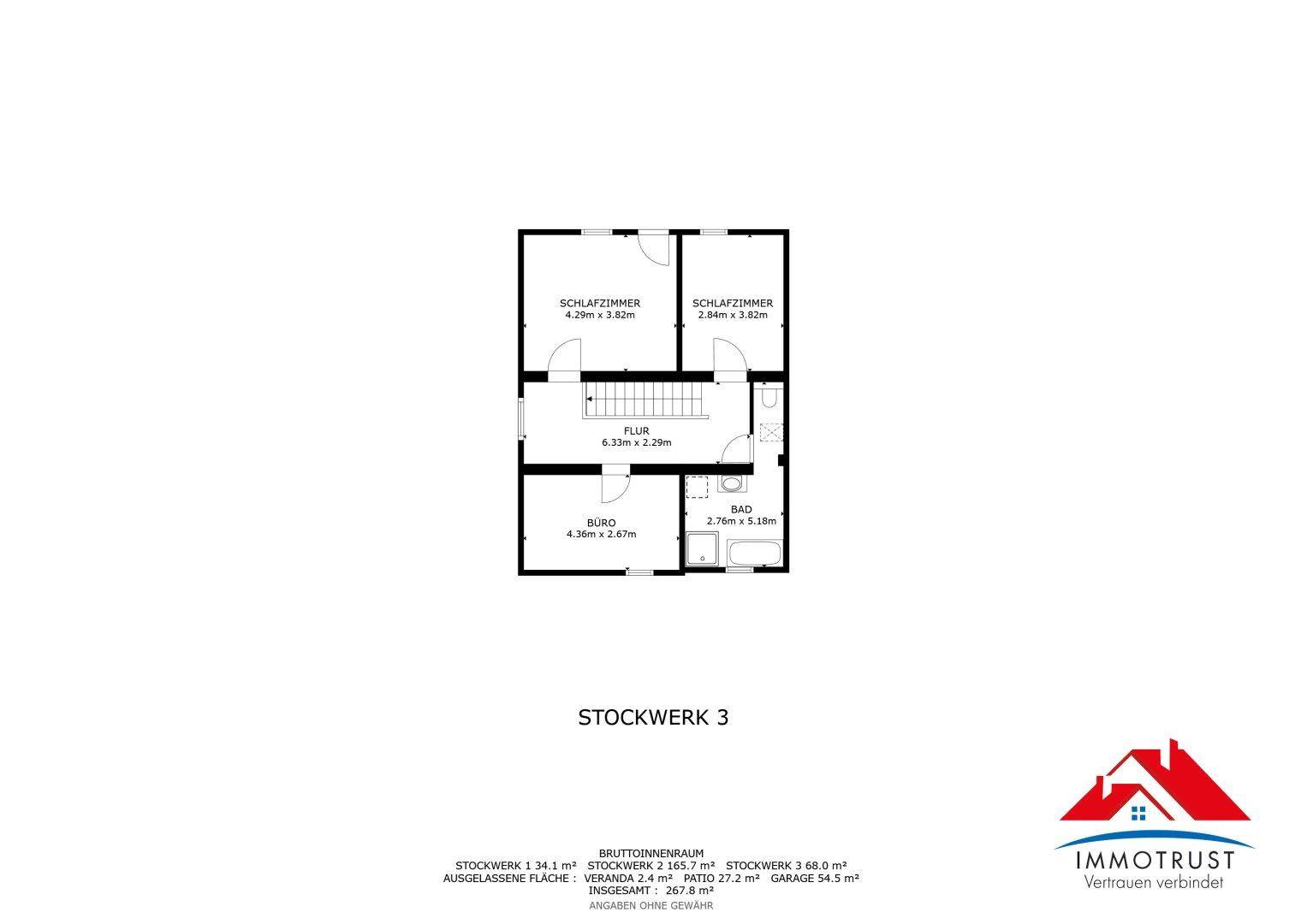 Grundriss des dritten Stockwerks mit zwei Schlafzimmern, Büro und Badezimmer.