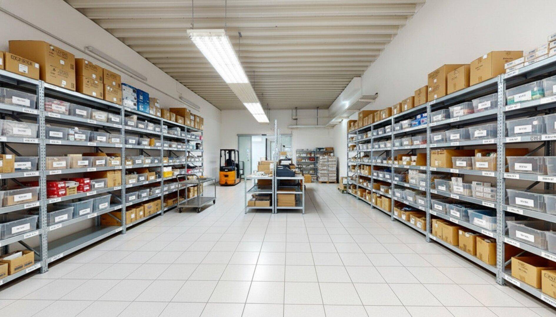 Organisierter Lagerraum mit langen Regalreihen, Fliesenboden und einem Gabelstapler im Hintergrund.